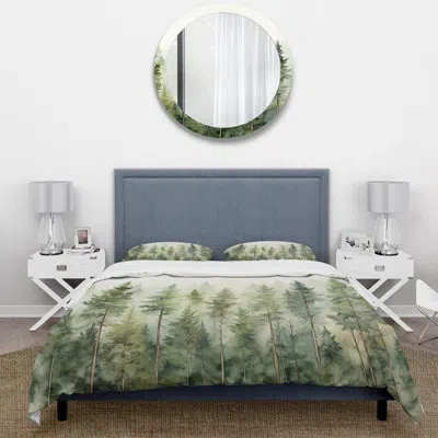 Design Art Pine Trees Minimalism Dream - Landscapes Duvet Cover Set - Microfiber Polyester In Green