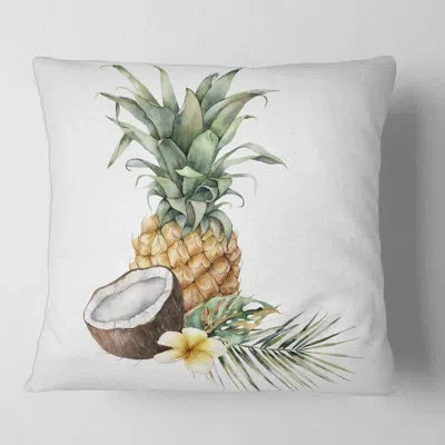 Design Art Pineapple With Coconut Plumeria And Palm Leaves Square Pillow Cover & Insert In Green