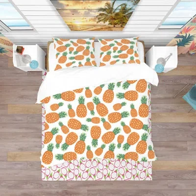 Design Art Pineapples Fruit Pattern - Food Tropical Duvet Cover Set - Microfiber Polyester In Orange