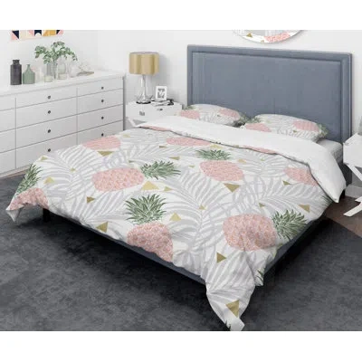 Design Art Pineappple On Tropical Leaves Mid-century Duvet Cover Set In Pink