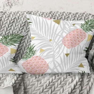 Design Art Pineappple On Tropical Leaves - Mid-century Modern Printed Throw Pillow In Pink