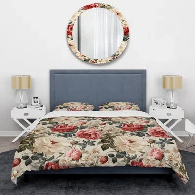 Design Art Pink And Beige Antique Trellis Iii Duvet Cover Set In Beige;pink