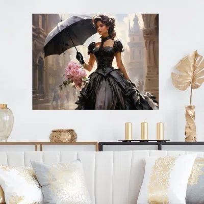 Design Art Pink And Black 50s Woman Portrait With Umbrella I - Victorian Woman Metal Wall Art
