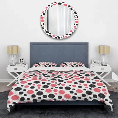 Design Art Pink And Black Circle Dots - Abstract Duvet Cover Set - Microfiber Polyester In Black,pink