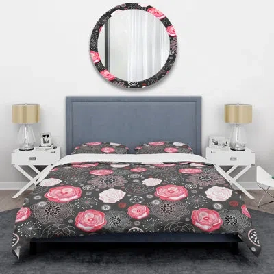 Design Art Pink And Black Flowers Duvet Cover Set In Pink,black,gray