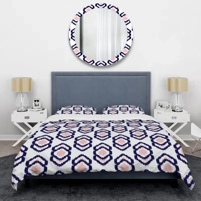 Design Art Pink And Black Ikat Ogee Duvet Cover Set In Navy,white,pink
