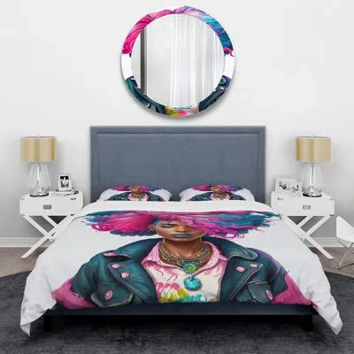 Design Art Pink And Blue African American Woman Iv - Woman Portrait Duvet Cover Set - Microfiber Polyester In Blue;pink
