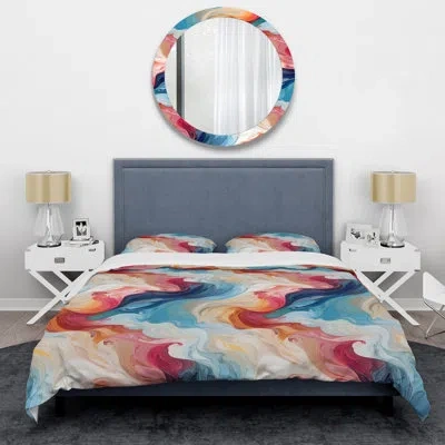 Design Art Pink And Blue Bohemian Marble Whirl - Marble Duvet Cover Set In Blue;pink