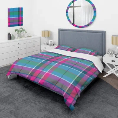 Design Art Pink And Blue Checked Tartan - Abstract Duvet Cover Set - Microfiber Polyester In Blue,pink