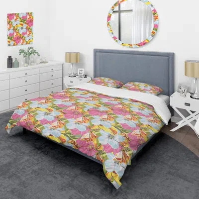 Design Art Pink And Blue Floral - Cabin & Lodge Duvet Cover Set In Blue;pink