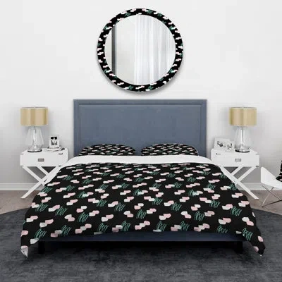 Design Art Pink And Blue Midcentury Shapes Ii - Mid-century Modern Duvet Cover Set - Microfiber Polyester In Pink,black