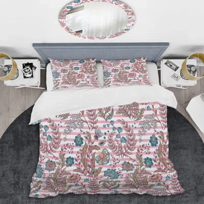Design Art Pink And Blue Striped Pattern - Abstract Duvet Cover Set - Microfiber Polyester In Pink,blue