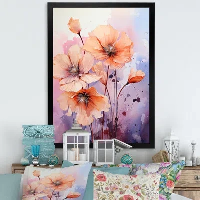 Design Art Pink And Coral Poppy Meadows I - Poppies Wall Art In Black Single Picture Framed