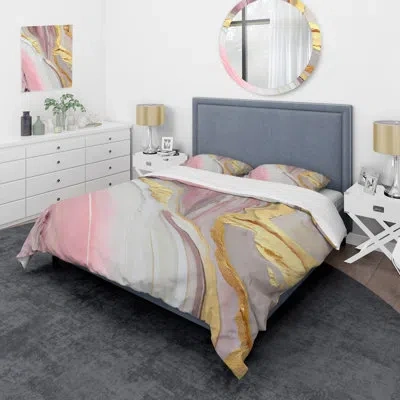 Design Art Pink And Gold Marble Abstract Iii - Abstract Marble Duvet Cover Set - Microfiber Polyester In Pink;gold