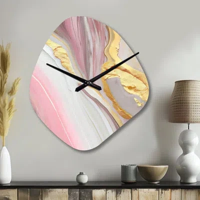 Design Art Pink And Gold Marble Abstract Iii - Marble Asymmetrical Metal Clock, Modern Irregular Shape Wall Clo In Pink;gold