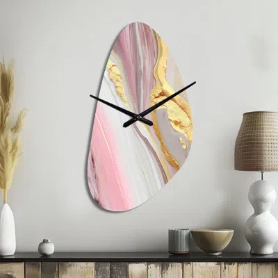 Design Art Pink And Gold Marble Abstract Iii - Marble Irregular Shape Metal Wall Clock, Modern Asymmetrical Wal