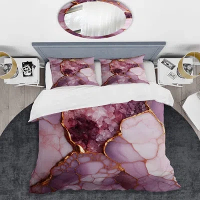 Design Art Pink And Gold Marble River Ii - Abstract Duvet Cover Set In Pink;gold