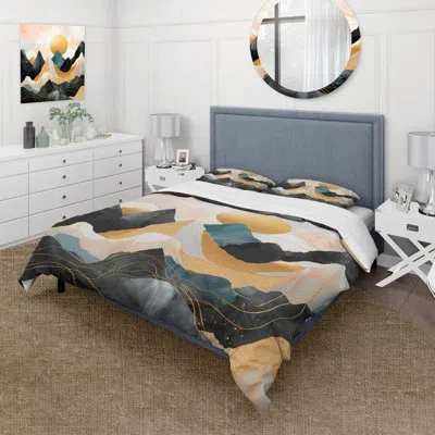 Design Art Pink And Gold Mountain Bold Landscape Ii - Fruits Duvet Cover Set In Black;beige