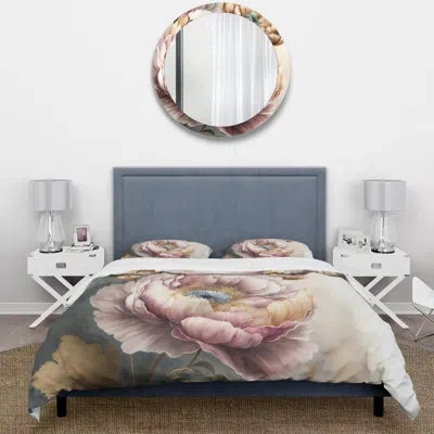 Design Art Pink And Gold Poppy Flowers I - Floral Poppy Duvet Cover Set - Microfiber Polyester In Pink;gold