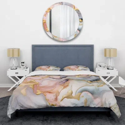 Design Art Pink And Gold Tender Liquid Ink Art I - Fractals Duvet Cover Set In Pink;gold