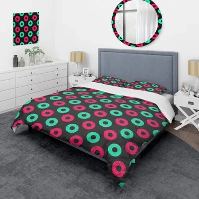 Design Art Pink And Green Circle Pattern - Abstract Duvet Cover Set - Microfiber Polyester In Green,pink