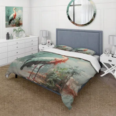 Design Art Pink And Green Flamingo Elegance Iii - Flamingo Duvet Cover Set In Green;pink