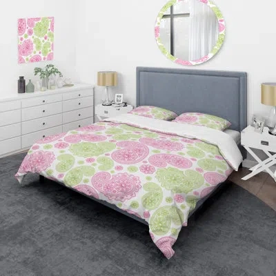 Design Art Pink And Green Floral Paisley - Abstract Duvet Cover Set - Microfiber Polyester In Pink,green