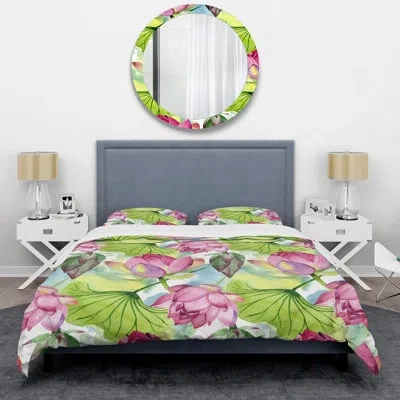 Design Art Pink And Green Lotus Flowers Duvet Cover Set In Green,pink,white