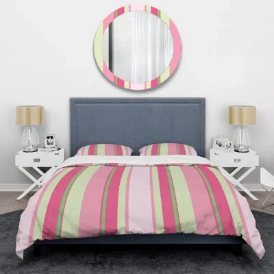 Design Art Pink And Green Striped Pattern - Abstract Duvet Cover Set - Microfiber Polyester In Green,pink