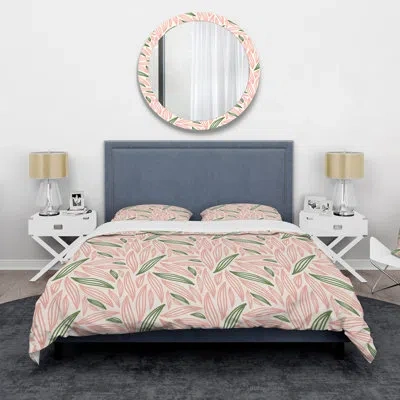 Design Art Pink And Green Tropical Leaves I - Modern Duvet Cover Set - Microfiber Polyester In Green;pink