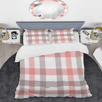 Design Art Pink And Grey Checked Tartan - Abstract Duvet Cover Set - Microfiber Polyester In Pink,gray