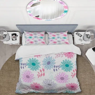 Design Art Pink And Grey Flowers - Cabin & Lodge Duvet Cover Set In Blue,pink