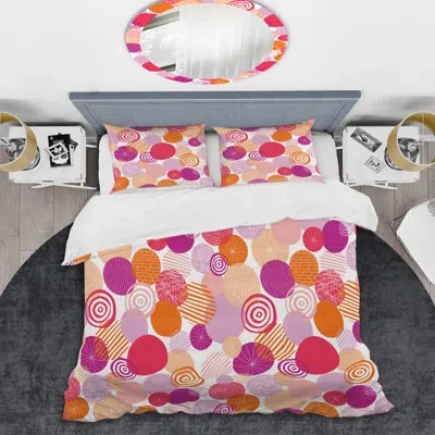 Design Art Pink And Orange Circle Dots - Abstract Duvet Cover Set - Microfiber Polyester In Orange,pink
