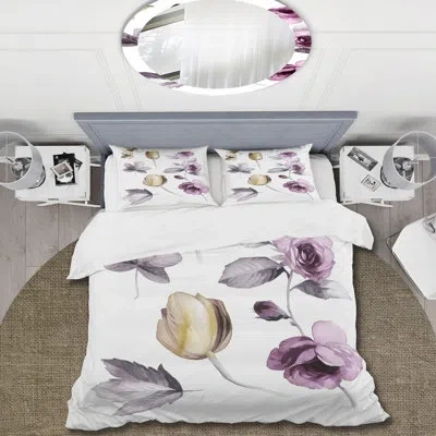 Design Art Pink And Orange Wildflowers - Traditional Duvet Cover Set - Microfiber Polyester In Purple