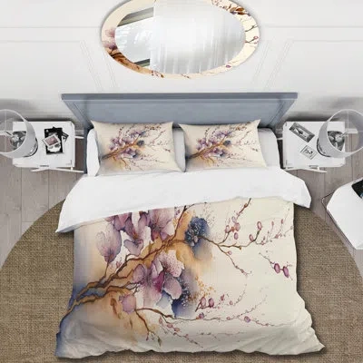 Design Art Pink And Plum Cherry Blossom Branch Iii - Cherry Blossom Duvet Cover Set In Beige;pink