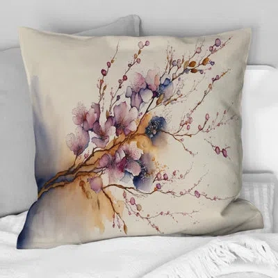 Design Art Pink And Plum Cherry Blossom Branch Iii - Cherry Blossom Printed Throw Pillow In Beige;pink