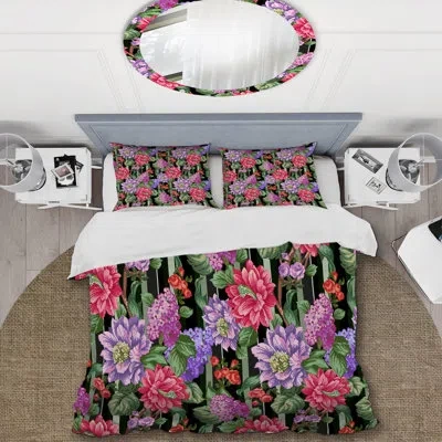 Design Art Pink And Purple Exotic Flowers - Cabin & Lodge Duvet Cover Set In Green;purple