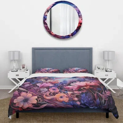 Design Art Pink And Purple Floral Meadow Breeze - Meadow Duvet Cover Set In Blue;pink