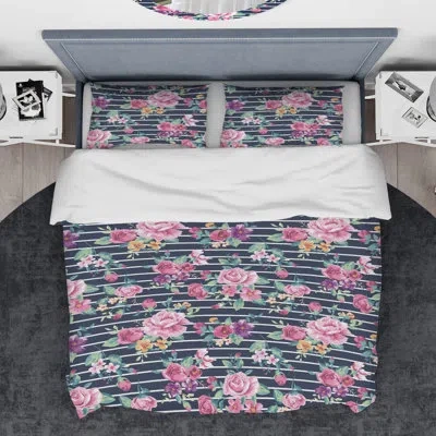 Design Art Pink And Purple Flowers On Striped Background - Traditional Duvet Cover Set - Microfiber Polyester In Purple,pink