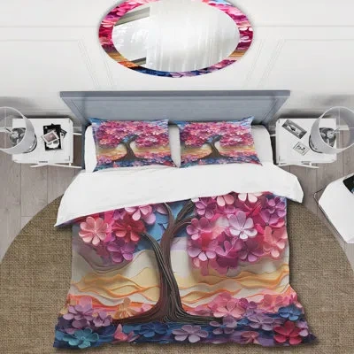 Design Art Pink And Purple Tree Essence Iii - Tree Duvet Cover Set In Blue;pink