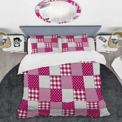 Design Art Pink And White Patchwork - Abstract Duvet Cover Set - Microfiber Polyester In Pink,white,black