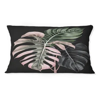 Design Art Pink And White Philodendron Leaf Ii - Floral Printed Throw Pillow In Black;green