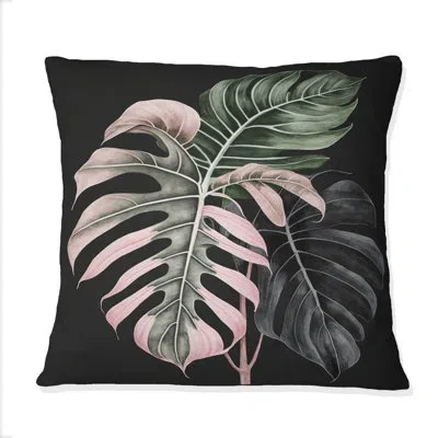 Design Art Pink And White Philodendron Leaf Ii - Floral Printed Throw Pillow In Black;green