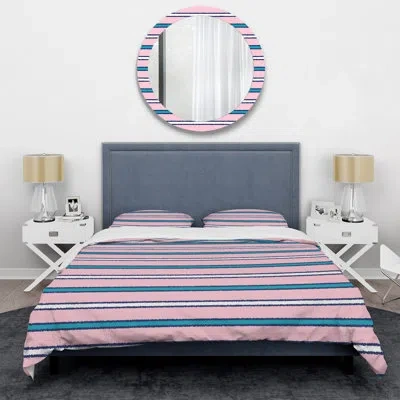 Design Art Pink And White Striped Pattern - Abstract Duvet Cover Set - Microfiber Polyester In Pink,white