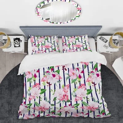 Design Art Pink And White Tropical Flowers - Abstract Duvet Cover Set - Microfiber Polyester In Pink,white