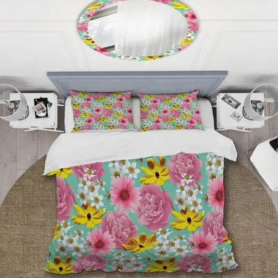 Design Art Pink And Yellow Flower - Cabin & Lodge Duvet Cover Set In Yellow;pink