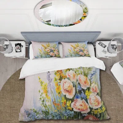 Design Art Pink And Yellow Summer Wildflowers - Traditional Duvet Cover Set - Microfiber Polyester