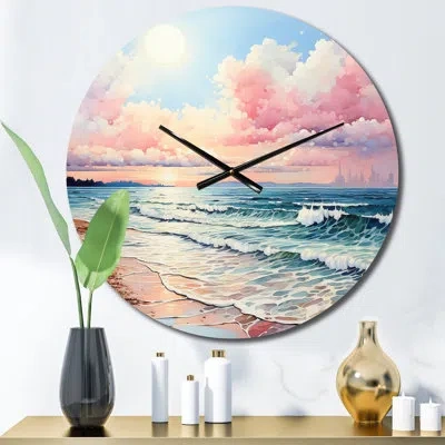 Design Art Pink Beach Breezes - Nautical & Beach Wall Clock In Blue;white;pink