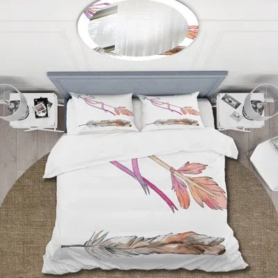 Design Art Pink Bird Feather From Wing - Bohemian & Eclectic Duvet Cover Set - Microfiber Polyester In Pink,orange,gray;pink,orange,gray