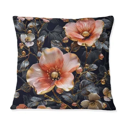 Design Art Pink Black Boho Floral Meadows Ii - Boho Pillow In Black;pink